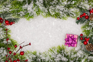 Fototapeta na wymiar Christmas greeting card. Christmas border with copy space. Noel festive background. New year symbol.