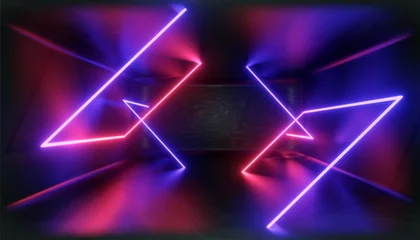 Fotobehang 3D-visualisatie. Geometrische figuur in neonlicht tegen een donkere tunnel. Lasergloed. © shacil