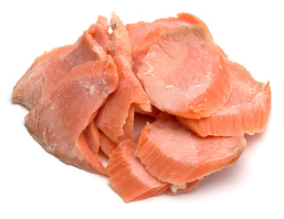 smoked salmon segments isolated on white background cutout. Prepared fish fillet fibres.