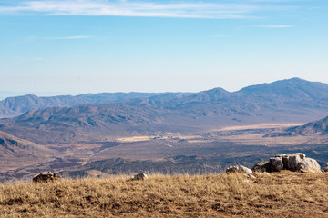 Landscape overlooking Mojave desert and mountains from Volcan Mountain Preserve view point in Julian, california