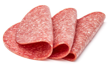Salami smoked sausage slices isolated on white background