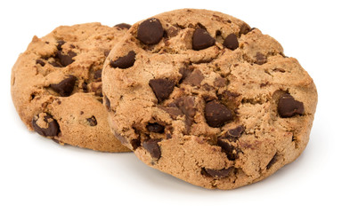 Two Chocolate chip cookies isolated on white background. Sweet biscuits. Homemade pastry.