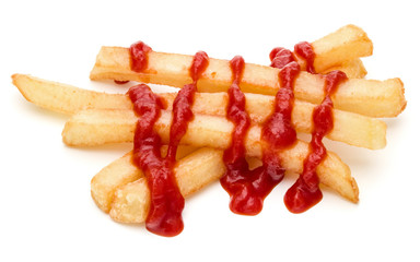 French Fried Potatoes with ketchup isolated on white background