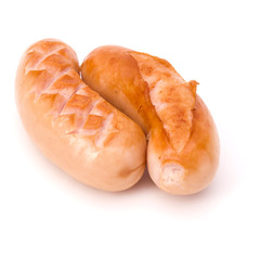 Two grilled sausages isolated on white background cutout