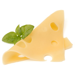 Cheese and basil leaves isolated on white background
