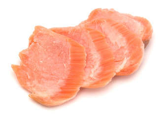 smoked salmon segments isolated on white background cutout. Prepared fish fillet fibres.