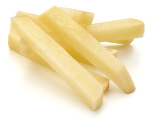 Raw Potato sliced strips prepared for French fries isolated on white background