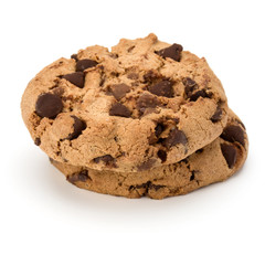 Two Chocolate chip cookies isolated on white background. Sweet biscuits. Homemade pastry.