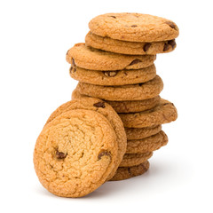 Stacked Chocolate chip cookies isolated on white background. Sweet biscuits. Homemade pastry.