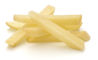 Raw Potato sliced strips prepared for French fries isolated on white background