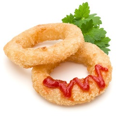 Crispy deep fried onion or Calamari ring with ketchup isolated on white background