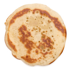 One pancake isolated on white background cutout. Top view.