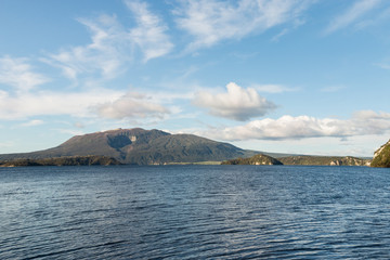 lake Rotomahana with mount Tarawera in Waimangu volcanic valley, Rotorua, New Zealand