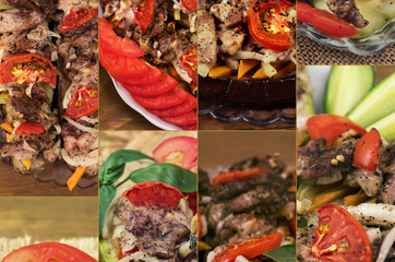 Collage of eight photos of baked eggplant dishes stuffed with fried meat, tomatoes and onions.