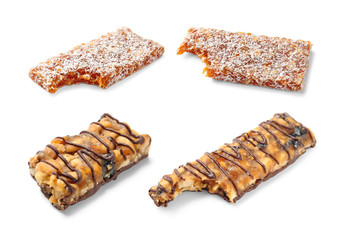 Set with grain cereal bars on white background. Healthy snacks