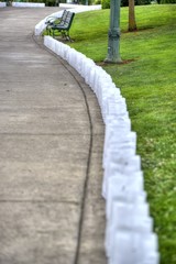 Luminaires along sidewalk leading to park bench