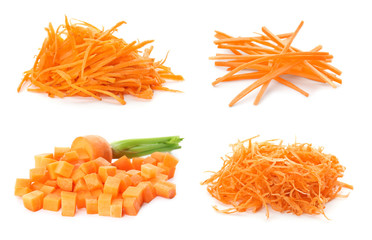 Set with ripe cut carrots on white background