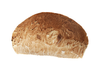 Slice of raw mushroom on white background