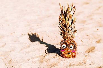 pineapple sits on the sand. pineapple was embarrassed, pink cheeks. emotions.