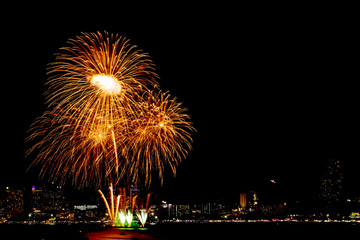 Many flashing fireworks with night cityscape background celebrate New Year.