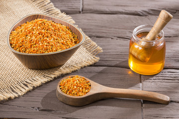 Bee honey and pollen grains - Top view