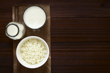 Kefirknollen in Schüssel, Milch und frischer hausgemachter Kefir an der Seite, fotografiert mit natürlichem Licht (Selektiver Fokus auf die Kefirknollen und das Kefirgetränk)