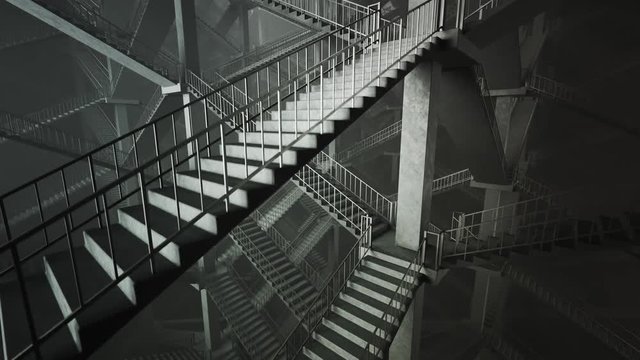 Brutalist stair maze descent loop. Bright white light and foggy atmosphere. 4KHD