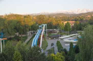 empty water park colorful water attractions from sky