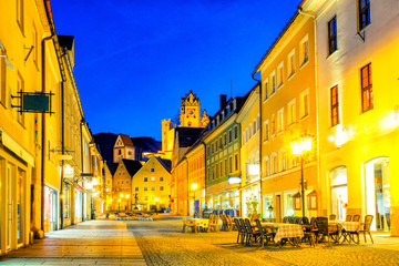 Fototapeta na wymiar Fussen town cityscape at night in Bavaria, Germany.