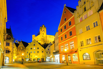 Fussen town cityscape at night in Bavaria, Germany.