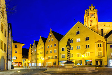 Fussen town cityscape at night in Bavaria, Germany.