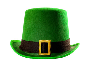 St Patricks day meme and March 17 concept with front view of a green parade hat with a belt and buckle isolated on white background with a clip path cut out - obrazy, fototapety, plakaty