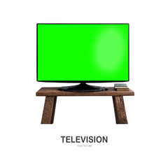 Empty green flat TV screen on wood stand