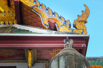 Two Dove. Standing on the roof of the temple. Wat Suthat. The daytime. in bangkok .Thailand