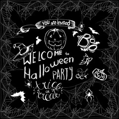 set of Halloween hand drawn elements, lettering and spiderweb frame for greeting cards or invitation. Hand drawn sketches for your design of poster cover template. Chalk drawing on blackboard