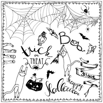 set of Halloween hand drawn elements, lettering and zombee teeth frame for invitation. Hand drawn sketches for your design of poster, cards, invitations, cover template of greeting card