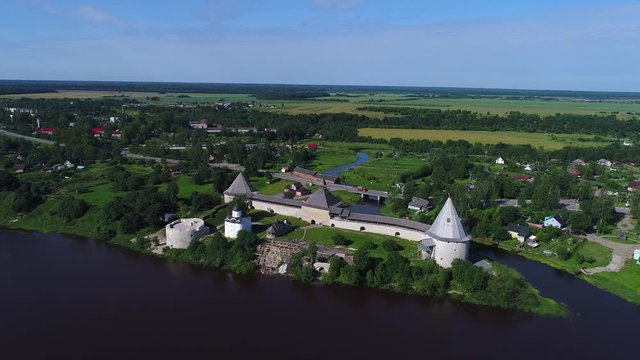 View of the old fortress from the river Volkhov, July day (aerial video). Staraya Ladoga, Russia   