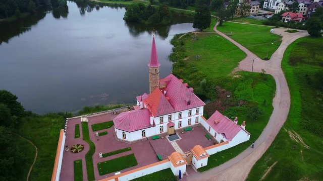 Above the Priory Palace on a cloudy August evening. Gatchina, Russia (aerial video) 