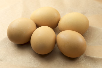 five eggs on a background of brown cloth