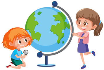 Girls searning the world map on the globe