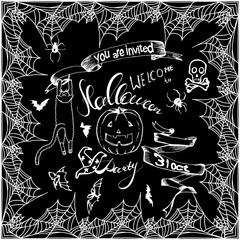 set of Halloween hand drawn elements, lettering and spiderweb frame for greeting cards or invitation. Hand drawn sketches for your design of poster cover template. Chalk drawing on blackboard