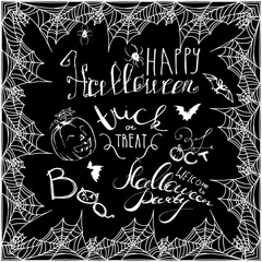 set of Halloween hand drawn elements, lettering and spiderweb frame for greeting cards or invitation. Hand drawn sketches for your design of poster cover template. Chalk drawing on blackboard