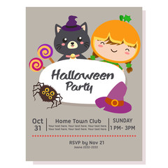 cute halloween party poster with kid pumpkin costume