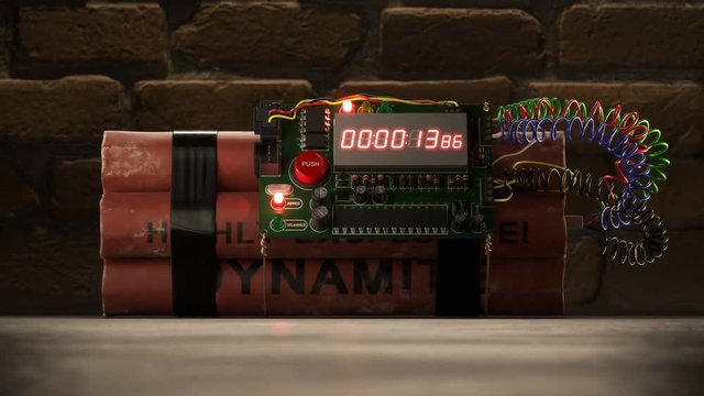 Dynamite bomb on a basement floor. Digital timer countdown. Error at the end.