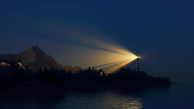 A beam of bright light from a tall lighthouse rotating over the rocky coast.4KHD