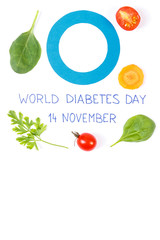 Inscription world diabetes day and symbol of fighting disease with fresh vegetables, healthy nutrition concept