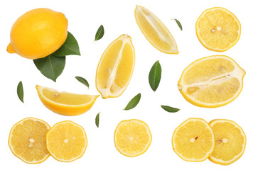 Lemon with leaf and slices isolated on white background. Lay Flat, top view