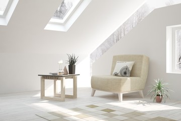 White room with armchair and winter landscape in window. Scandinavian interior design. 3D illustration