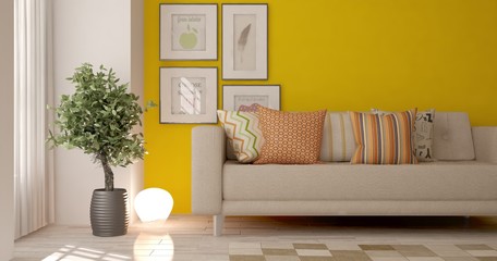 Idea of yellow minimalist room with sofa. Scandinavian interior design. 3D illustration