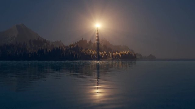 Beam of bright light from lighthouse rotating over the 
 foggy island. 4KHD